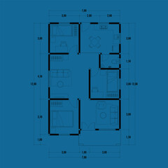 Architecture plan with furniture. home floor plan, isolated on blue background, stock illustration. vector eps 10.