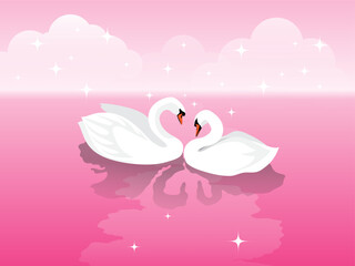 Beautiful romantic couple of white swans on a pink lake with white clouds. Vector illustration for Valentine's Day