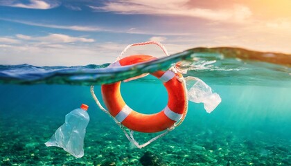 ocean plastic pollution concept with plastic waist and lifebuoy floating in the ocean or sea - obrazy, fototapety, plakaty