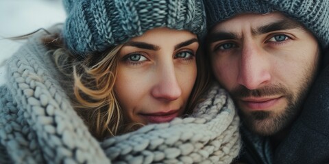 portrait of a woman and a man dressed warmly on the street close-up portrait hat scarf Generative AI - obrazy, fototapety, plakaty