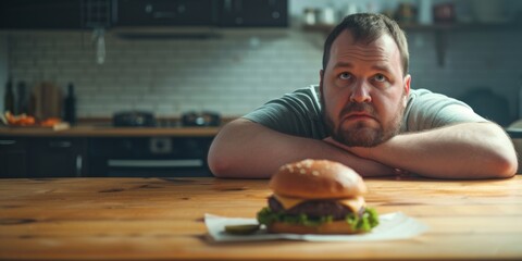 overweight man looking at a hamburger Generative AI - obrazy, fototapety, plakaty