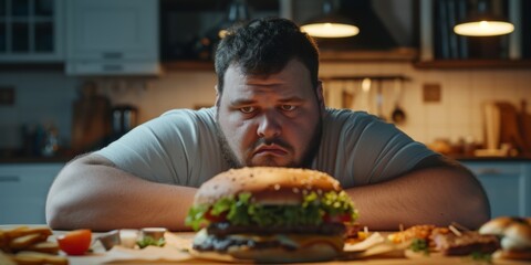 overweight man looking at a hamburger Generative AI