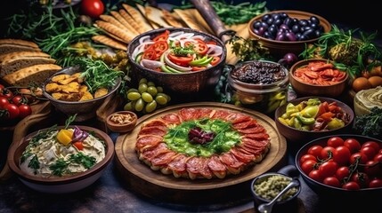 Fototapeta premium Various fresh vegetables and herbs are arranged on the table. Concept: Healthy food for diet menu. Vitamins and microelements. Banner