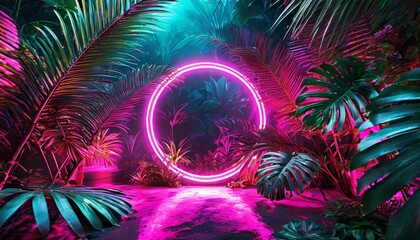 Fototapeta na wymiar pink circles neon light tropical jungle floral background