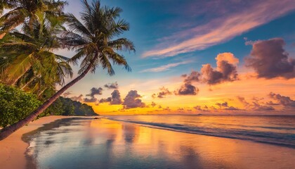 Fototapeta na wymiar amazing travel landscape beautiful panoramic sunset tropical paradise beach tranquil summer vacation or holiday tropical sunset beach seaside palm calm peace panorama exotic nature colorful sea sky