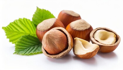 hazelnut nuts peeled and in nutshell isolated on white background