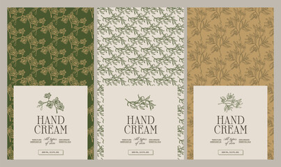 Fototapeta na wymiar Hand drawn botanical vector cosmetics label design template for hand cream