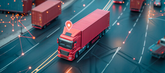 Gps tracking from top view moving truck with container on a map - obrazy, fototapety, plakaty