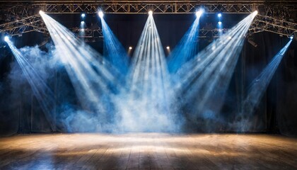 empty concert stage with illuminated spotlights and smoke stage background with copy space