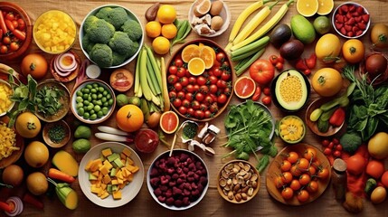 Fototapeta premium Various fresh vegetables and herbs are arranged on the table. Concept: Healthy food for diet menu. Vitamins and microelements. Banner