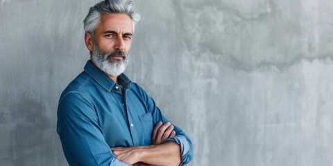 Gray-haired man with a beard on a gray background Generative AI