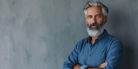 Gray-haired man with a beard on a gray background Generative AI