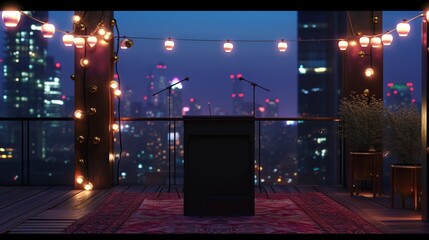 A rooftop Eid party at night, with a panoramic city view, an empty podium for speeches and...