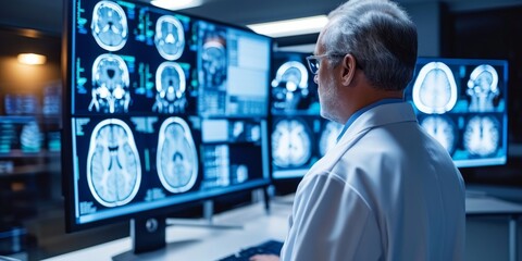 Male doctor conducting brain imaging study, facing away from camera, Generative AI
