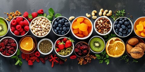 Fruits, vegetables, porridge, tea, dried fruits, nuts displayed on gray table viewed from above, Generative AI