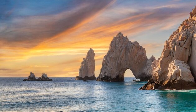 rocky formations on a sunset background famous arches of los cabos mexico baja california sur panoramic image banner format