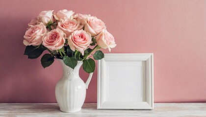 simple square white photo frame mockup with bouquet of roses in vase in a pink pastel wall background