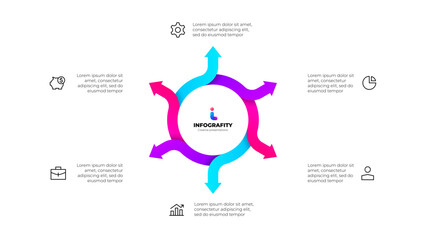 Cycle arrows diagram. Concept of 6 options of business project management. Vector illustration for data analysis visualization