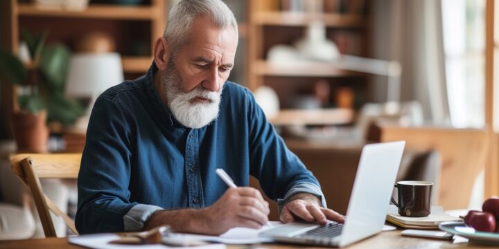 elderly man sitting at a laptop Generative AI