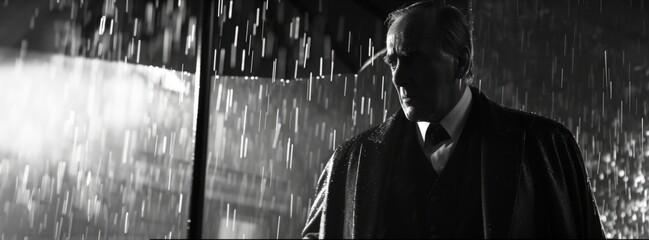 an elderly man in a formal suit in the rain Generative AI - obrazy, fototapety, plakaty