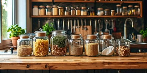 Eco-friendly kitchen with sustainable home grocery storage and zero plastic house, featuring glass jars filled with grains, pasta, nuts, and sugar on the kitchen, Generative AI - Powered by Adobe