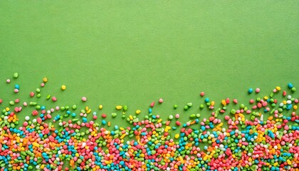 border frame of colorful sprinkles on green background with copy space top view or flat lay concept design for banner poster flyer card postcard cover brochure