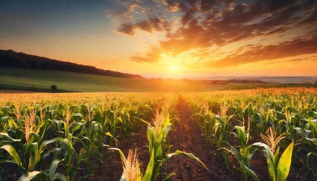 field of corn at sunset during the year stock photo in the style of uhd image