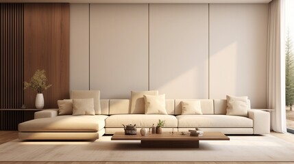 Minimalist interior design of modern living room with beige sofa