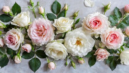 delicate blooming festive white and light pink roses on light grey background blossoming rose flowers with green leaves soft pastel frame bouquet floral card