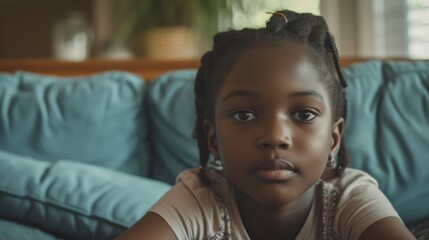 african american child girl on the couch sad Generative AI