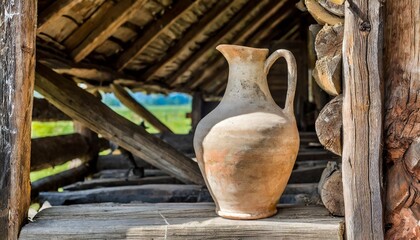Fototapeta na wymiar an old ceramic jug in wooden hut