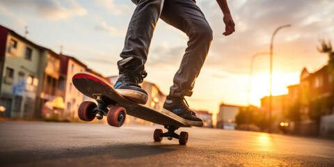 Dynamic Urban Skateboarding: Young Skater Practice Action on Street with Sunlight and City Silhouette - obrazy, fototapety, plakaty