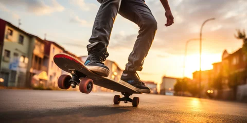 Rolgordijnen Dynamic Urban Skateboarding: Young Skater Practice Action on Street with Sunlight and City Silhouette © SHOTPRIME STUDIO