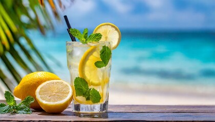 fresh exotic drink with lemon and mint on blur tropical beach background tropic summer vacation...