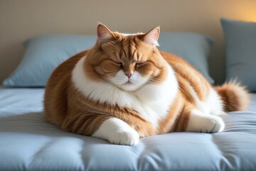 Oversized Cat Lounging with Closed Eyes on Bed