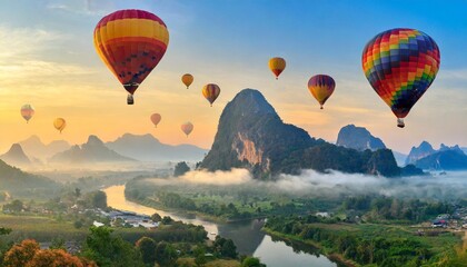 panorama of mountain with hotr balloons on morning at thailand - obrazy, fototapety, plakaty