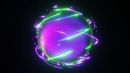 Abstract three-dimensional neon electricity power sphere techno core illustration. 4K environment concept cyberspace technology background