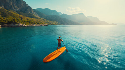 Beautiful fitted man float on sup board at the blue sea - obrazy, fototapety, plakaty