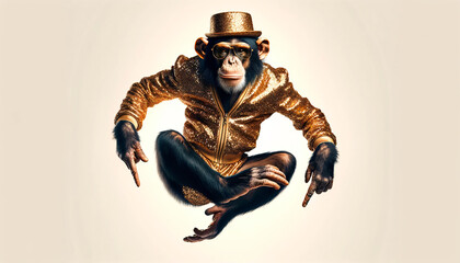 Humanoid monkey adorned with a golden hat and jacket