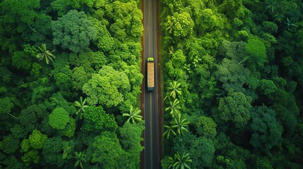 Truck travelling through lush green forest