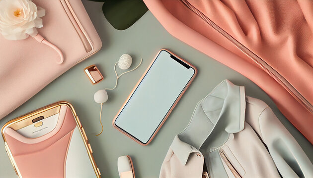 Flatlay mobile phone. Aesthetic elegant blog, online shopping. Fashion composition with female clothes and accessories, Ai generated image