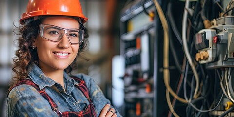 Friendly female electrician standing on the job site smiling. Industrial concept with electrical box and cables