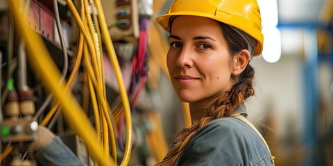 Friendly female electrician standing on the job site smiling. Industrial concept with electrical box and cables