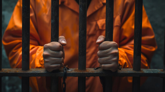 person's hands grasping the bars of a prison cell, dressed in an orange prison uniform