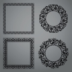 Set of decorative frames Elegant vector element for design in Eastern style, place for text. Floral black and gray borders. Lace illustration for invitations and greeting cards