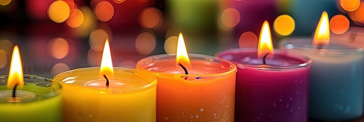 Colorful candles with burning wicks and bright wax - obrazy, fototapety, plakaty