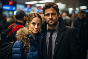 portrait of man and woman couple in airport or train station. travel concept