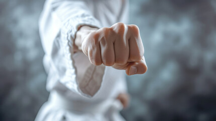 Obraz na płótnie Canvas close-up of a martial artist's clenched fist, dressed in a white karate with a black belt