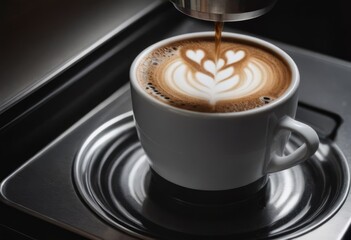 Espresso machine pouring coffee into elegant cups in a modern cafe.