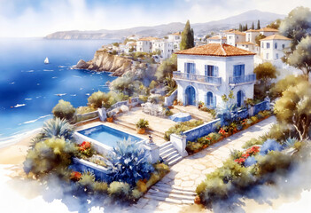 Mediterranean House Watercolor Painting Style Background - obrazy, fototapety, plakaty